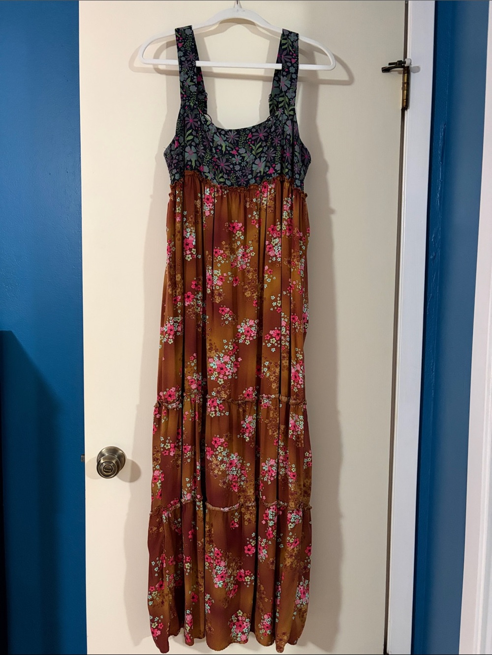 NATURAL LIFE Brown Maxi Dress with Black Floral Bodice and Pink Accents
